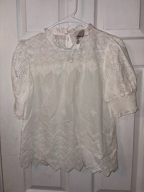 White Eyelet Ruffled-Neck Puff Sleeve Blouse